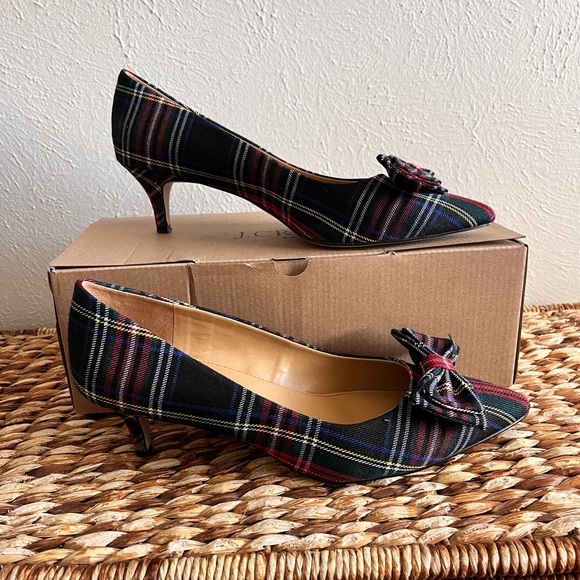 J.Crew Tartan Plaid Esme Kitten Heels Bow Red Green pointy toe 10 - Picture 5 of 6